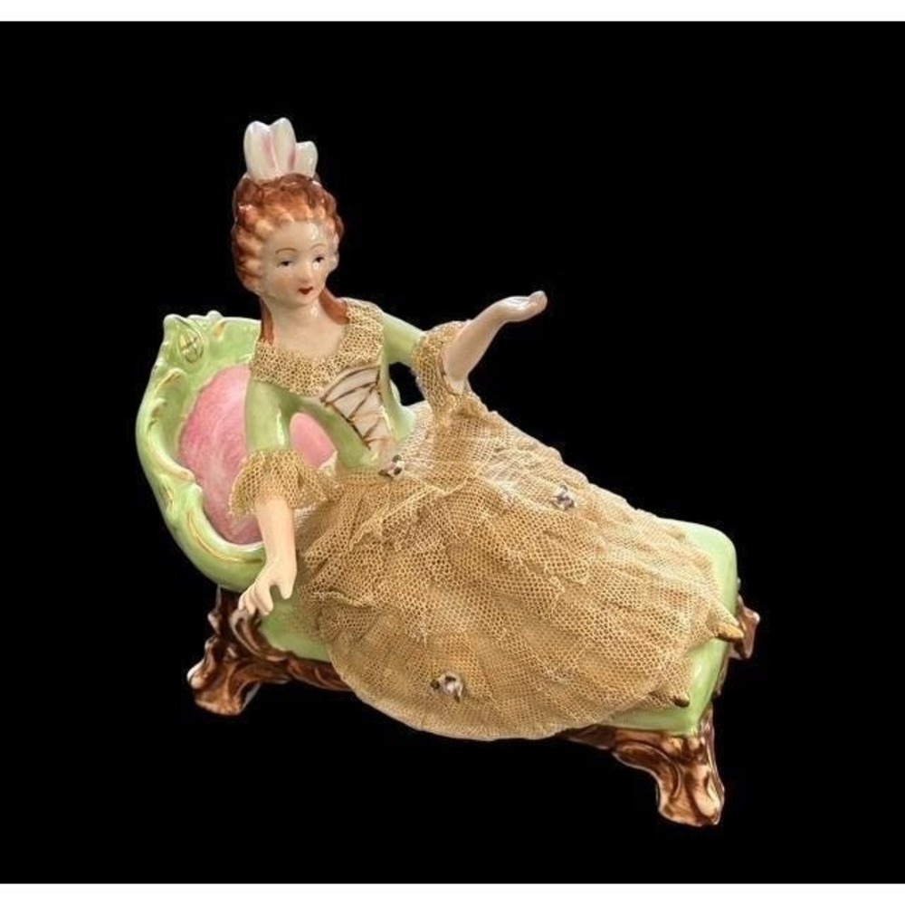 Antique DRESDEN Volkstedt Lace Figurine Victorian Porcelain Lady On Green Settee